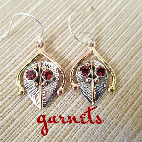 Earth Art hand crafted artisan Jewelry - Garnet Artisan Earrings Sterling Silver